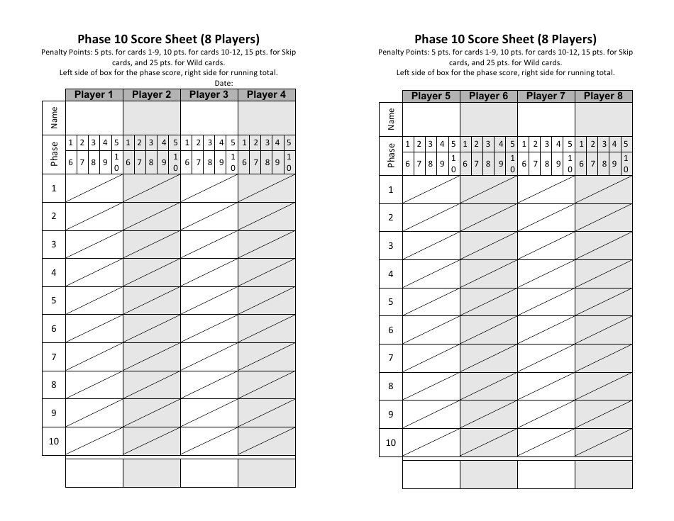 Phase 10 Score Sheet for 8 Players - Two Per Page - Document Preview Image