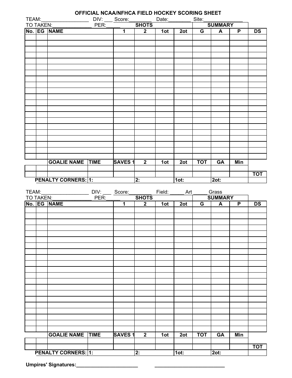 Official NCAA Nfhca Field Hockey Scoring Sheet Download Printable PDF