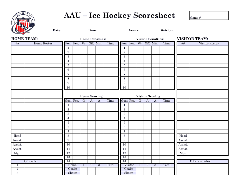 &quot;Aau ICE Hockey Scoresheet&quot; Download Pdf