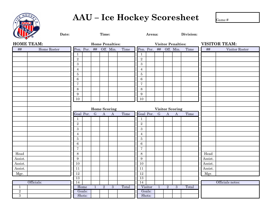 Aau ICE Hockey Scoresheet Download Printable PDF Templateroller