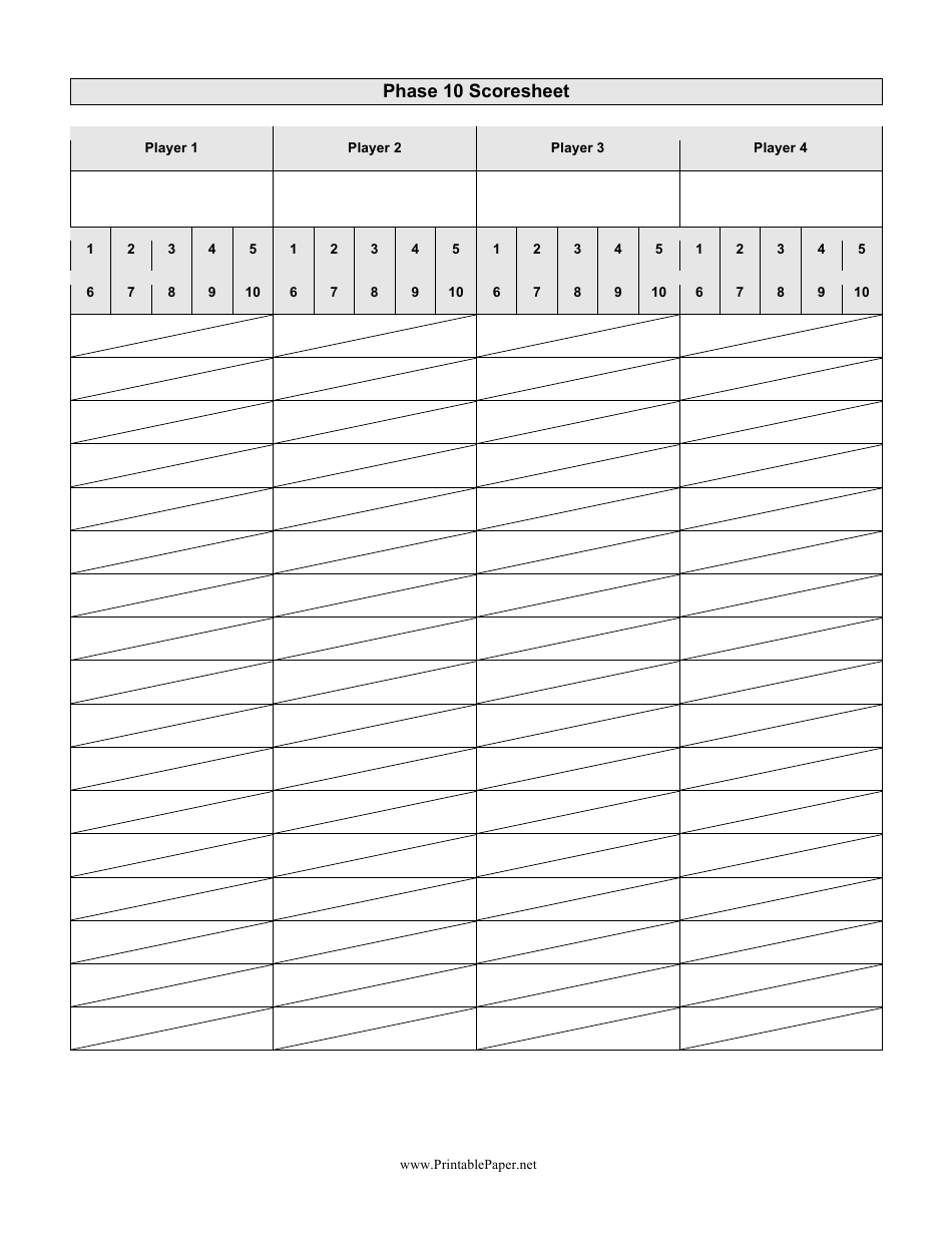Printable Phase 10 Score Sheet
