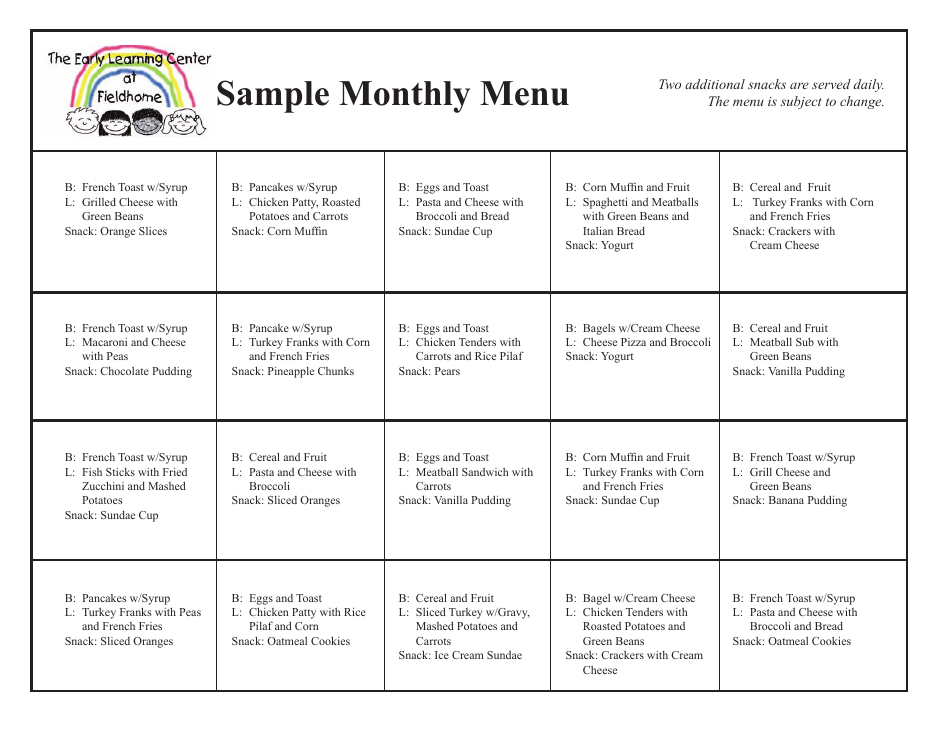 Monthly Menu for Early Learning Center at Fieldhome in New York