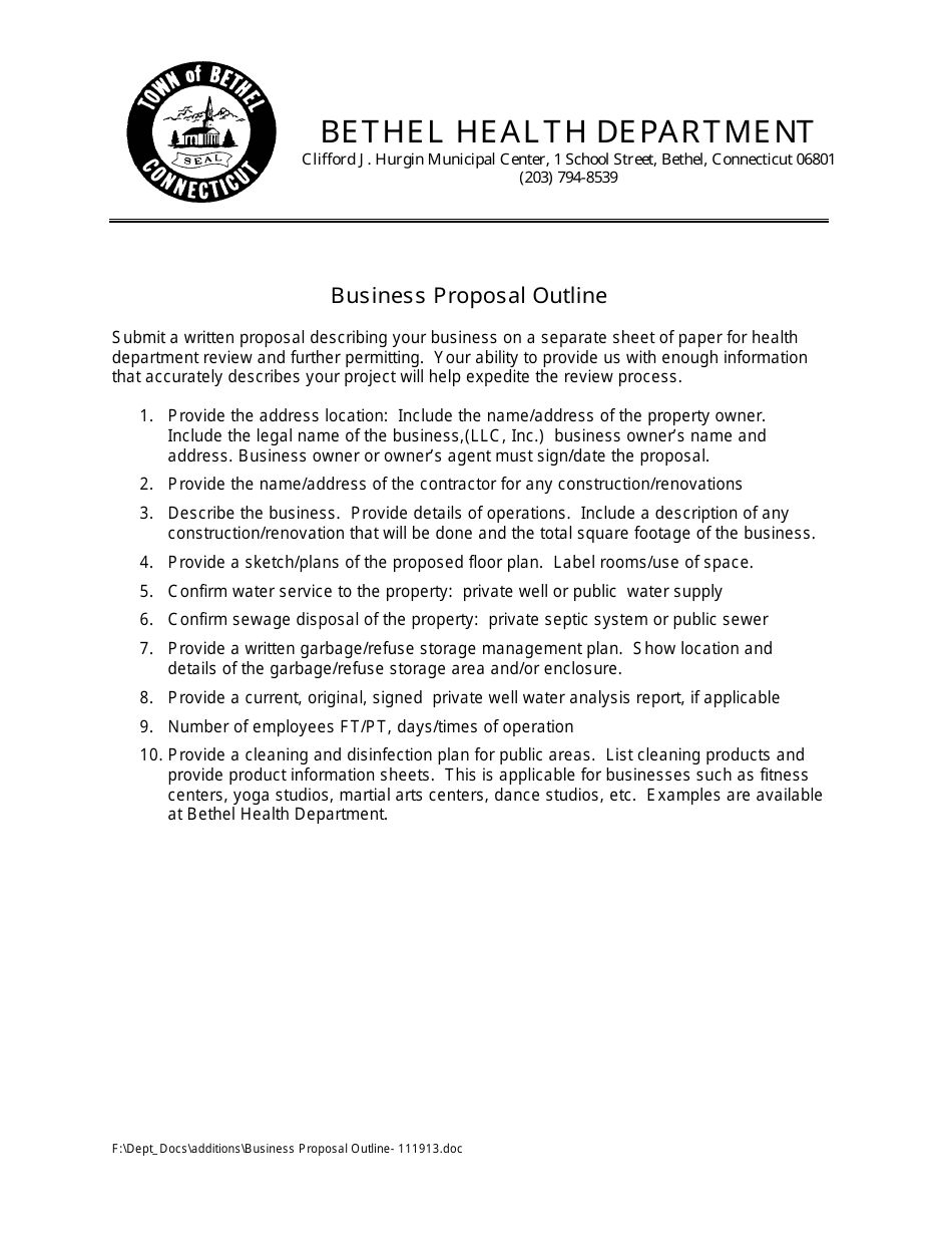 Business Proposal Outline Template - Town of Bethel, Connecticut, Page 1