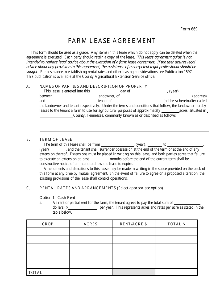 Form 669 Farm Lease Agreement, Page 1