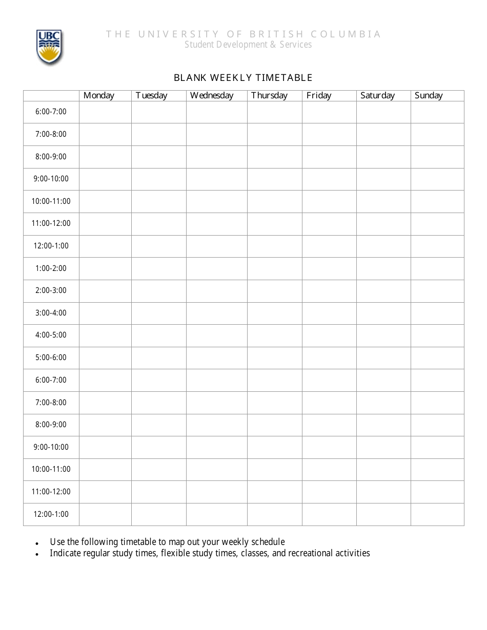 Weekly Timetable Template - the University of British Columbia, Page 1
