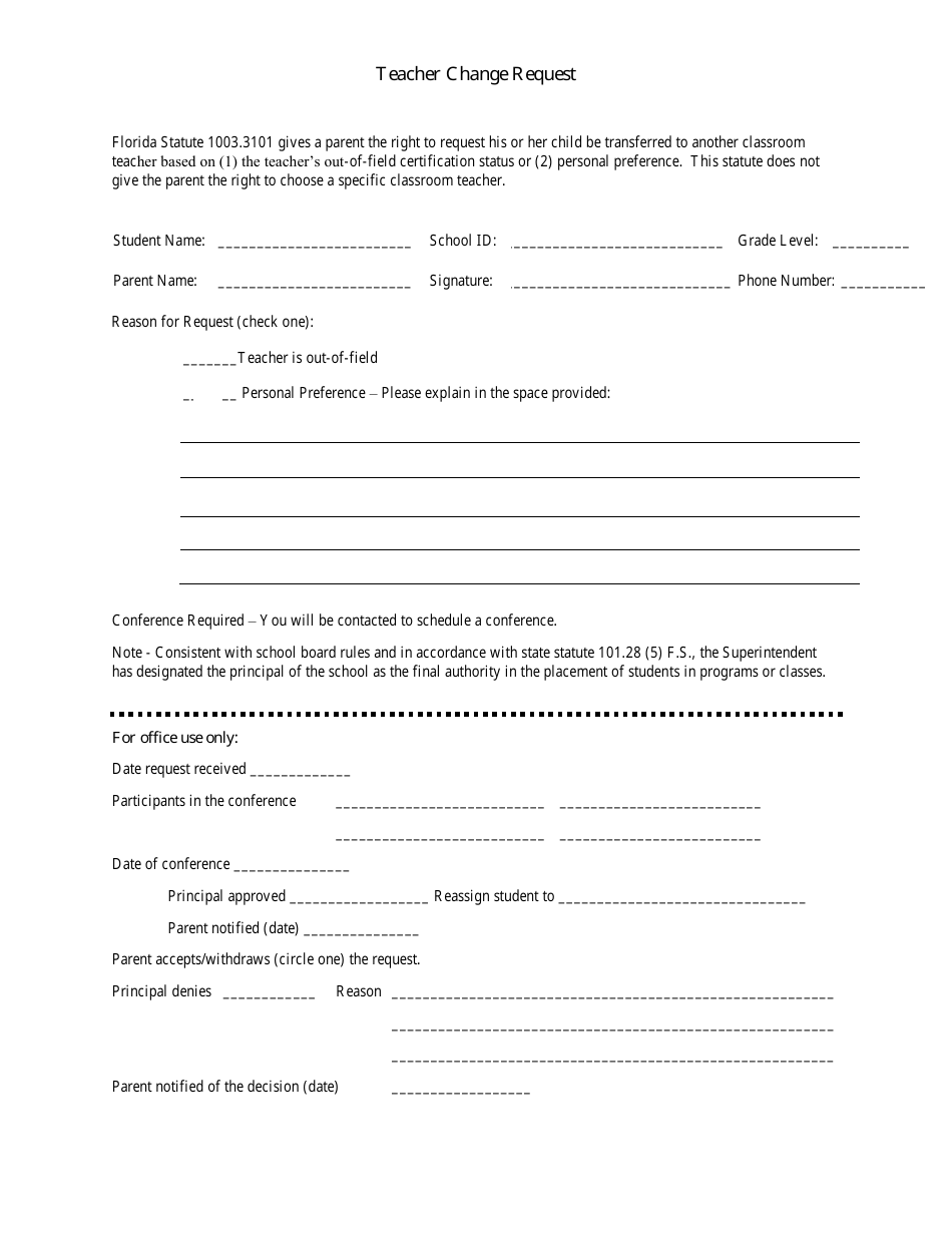 Teacher Change Request Form - Florida, Page 1