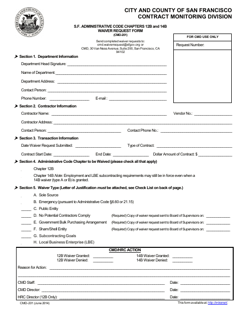 Form CMD-201 Waiver Request Form - City and County of San Francisco, California