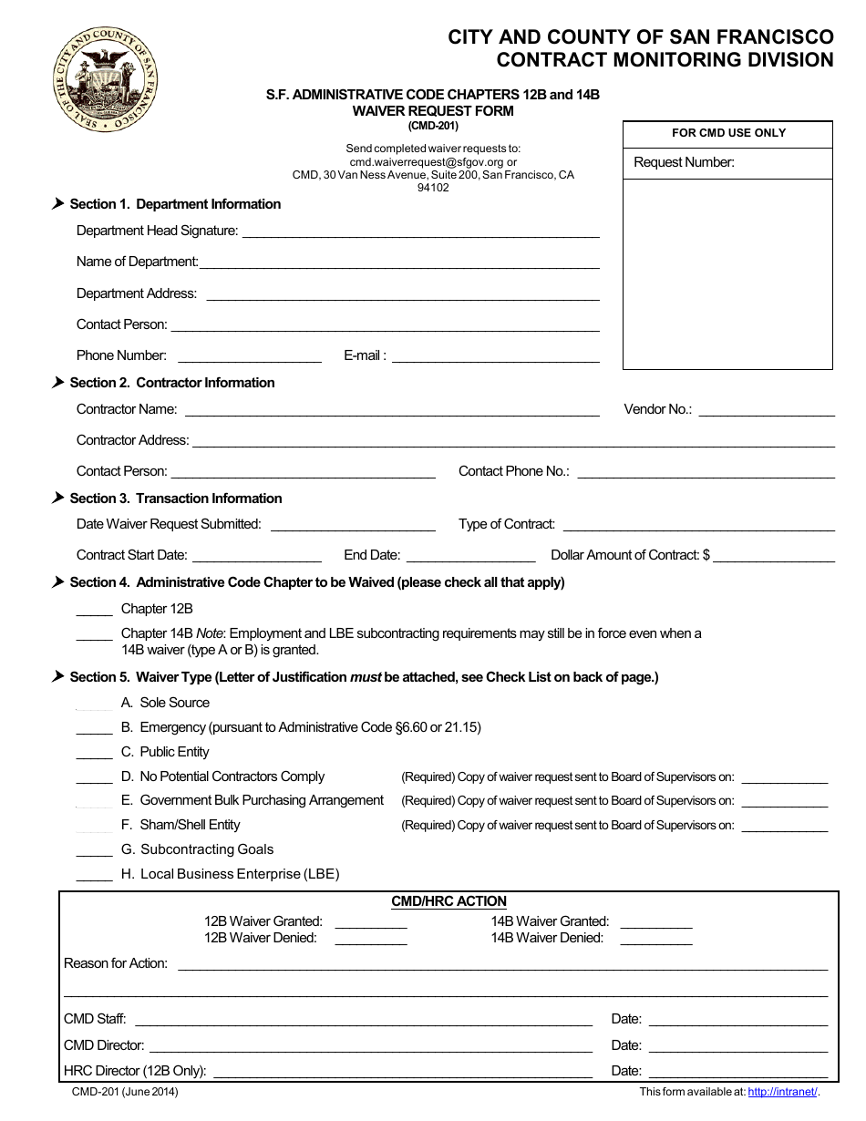 Form CMD-201 Waiver Request Form - City and County of San Francisco, California, Page 1