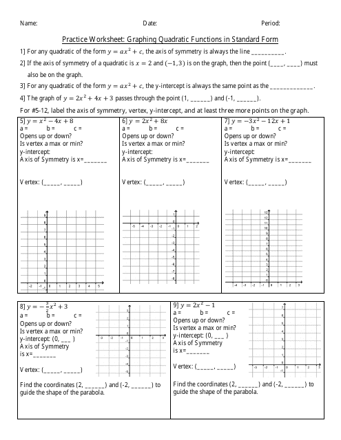 Graphing Quadratic Functions in Standard Form Worksheet Download Pdf