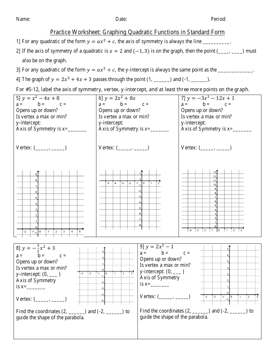 Graphing Quadratic Functions in Standard Form Worksheet, Page 1