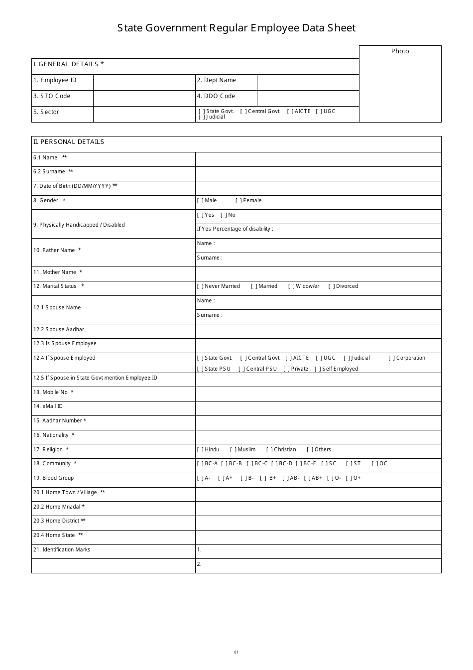 State Government Regular Employee Data Sheet - Telangana, India, Page 1