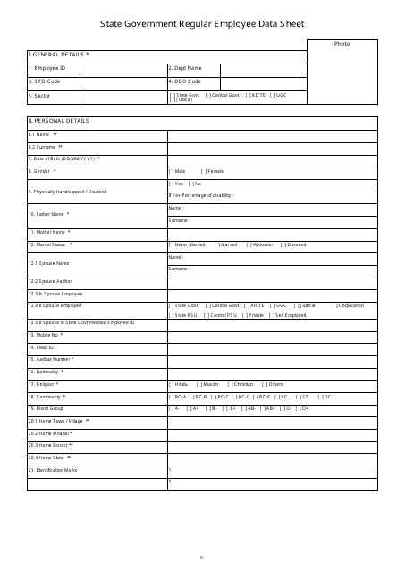 State Government Regular Employee Data Sheet - Telangana, India