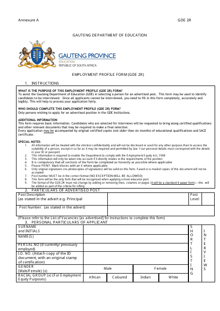 Form GDE2R Employment Profile Form - Gauteng, South Africa