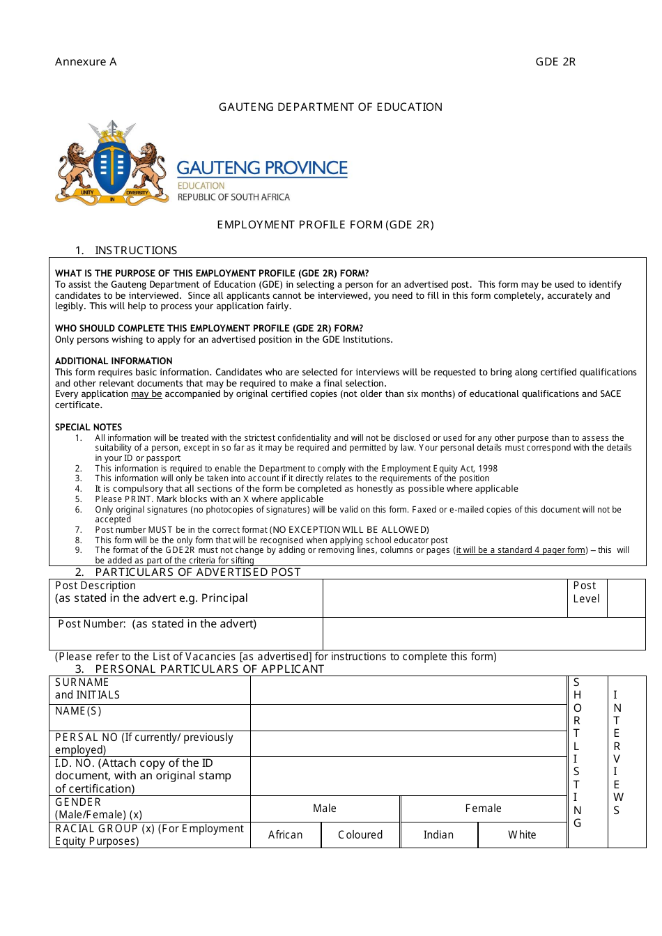 Form GDE2R Employment Profile Form - Gauteng, South Africa, Page 1
