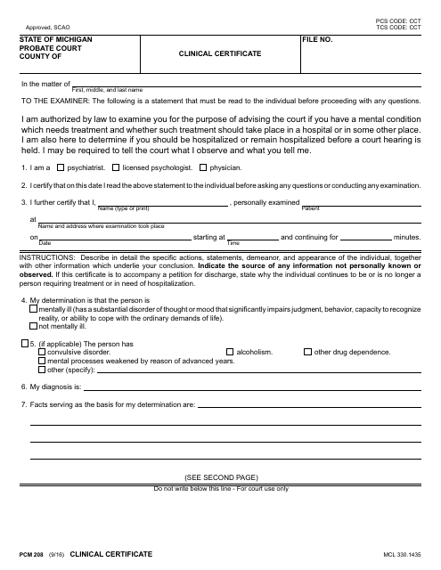 Form PCM208 Clinical Certificate - Michigan