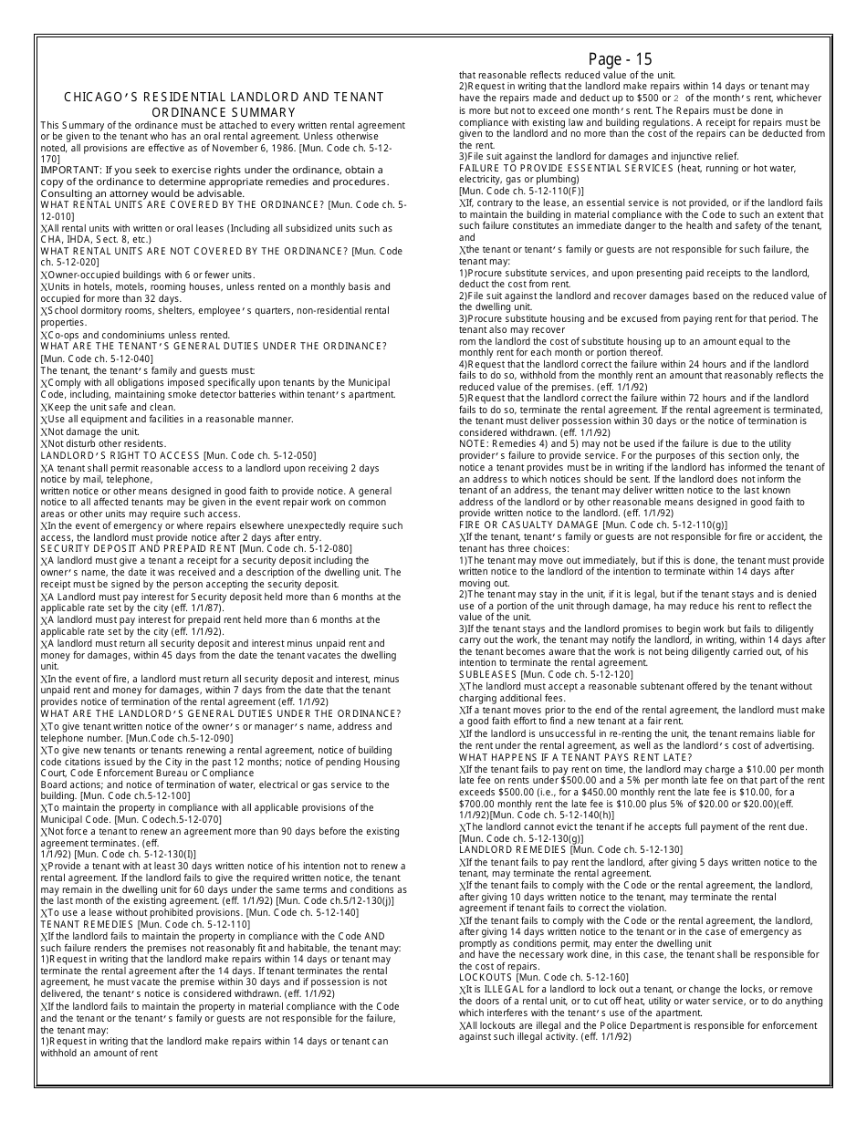 Apartment Lease Agreement Template - Chicago, Illinois, Page 15