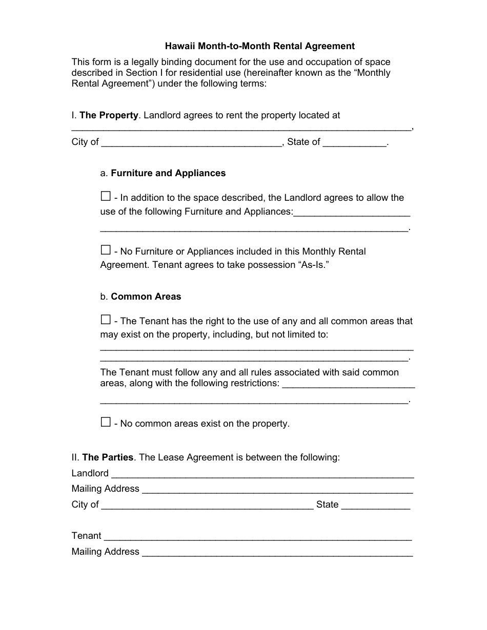 Month-To-Month Rental Agreement Template - Hawaii, Page 1