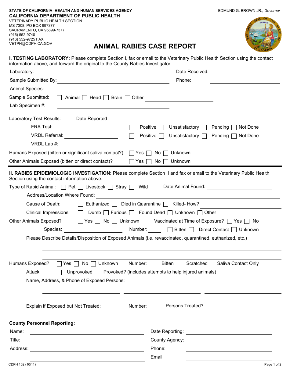 Form CDPH102 Download Fillable PDF or Fill Online Animal Rabies Case