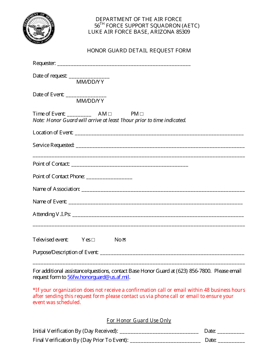 Honor Guard Detail Request Form, Page 1
