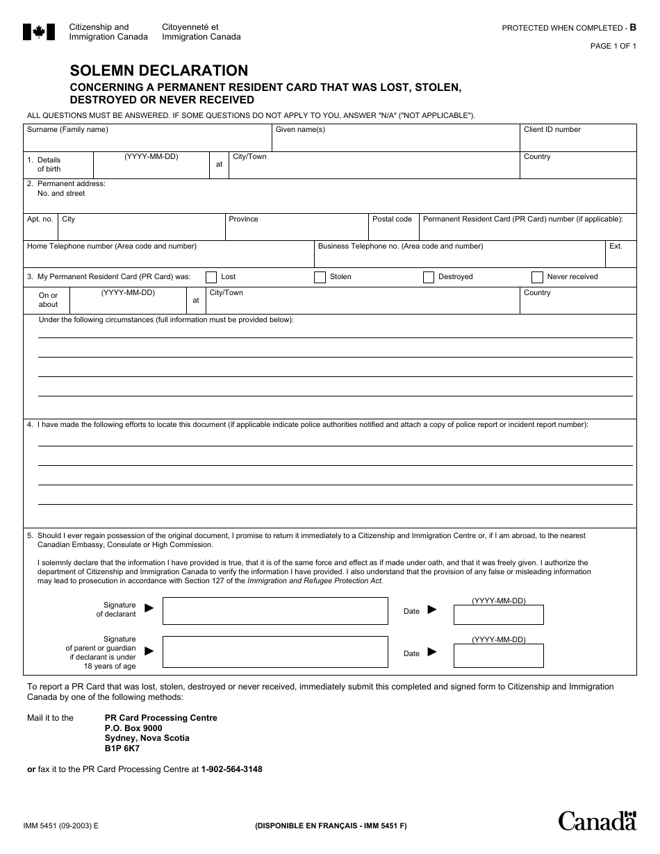 Form IMM5451 Solemn Declaration Concerning a Permanent Resident Card That Was Lost, Stolen, Destroyed or Never Received - Canada, Page 1