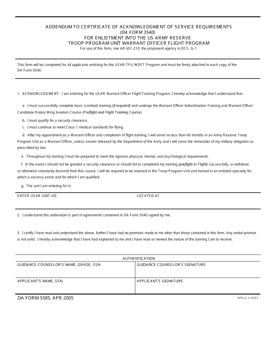 DA Form 5585 Addendum to Certificate of Acknowledgement of Service Requirements (DA Form 3540) for Enlistment Into the US Army Reserve Troop Program Unit Warrant Officer Flight Program, Page 1