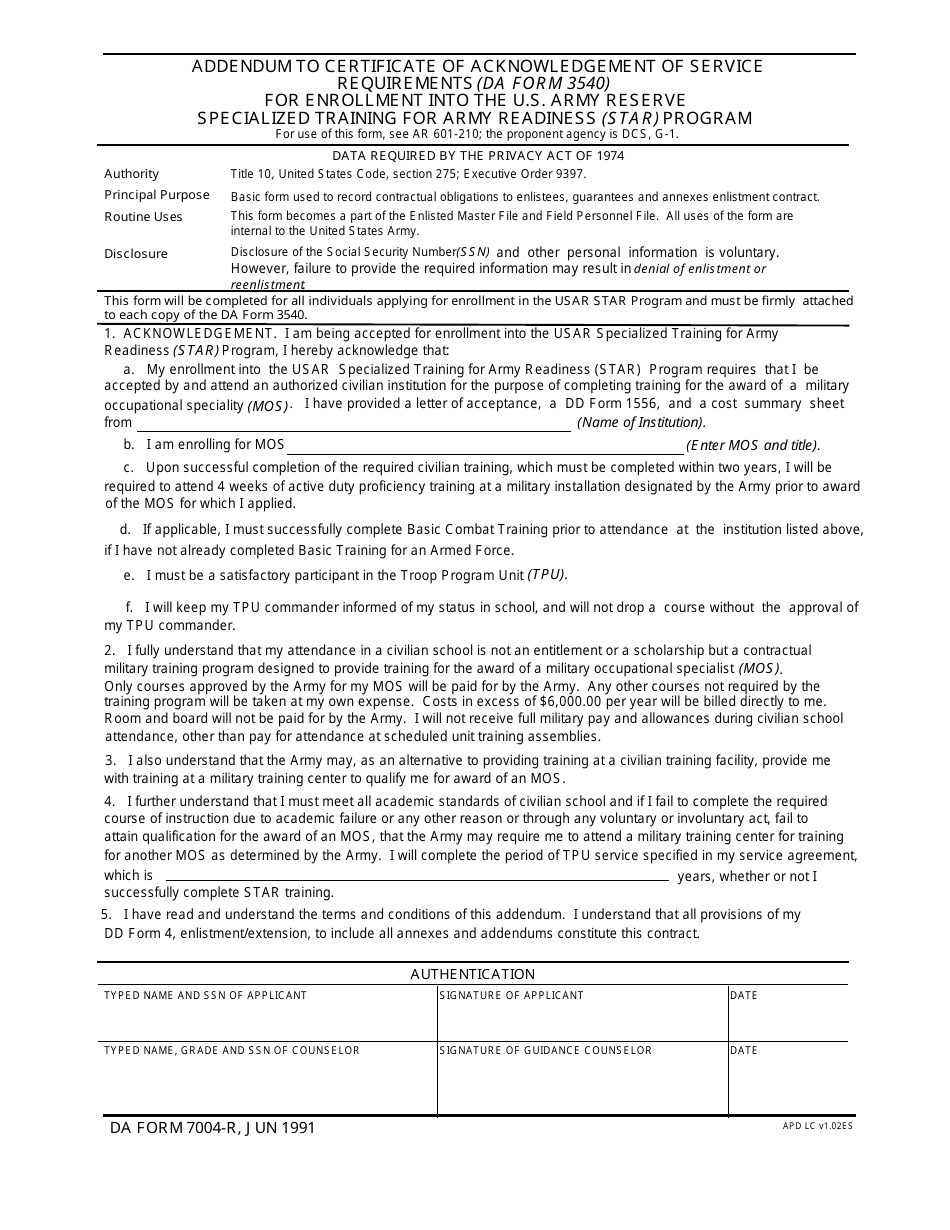 DA Form 7004-r Addendum to Certificate of Acknowledgement of Service Requirements (DA Form 3540) for Enrollment Into US Army Reserve Specialized Training for Army Readiness (Star) Program, Page 1