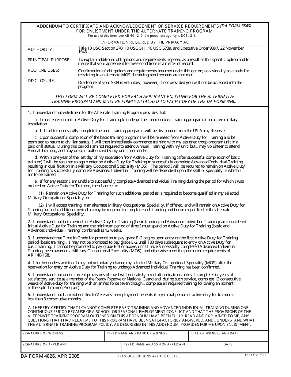 DA Form 4826 Addendum to Certificate and Acknowledgement of Service Requirements for Enlistment Under the Alternate Training Program, Page 1