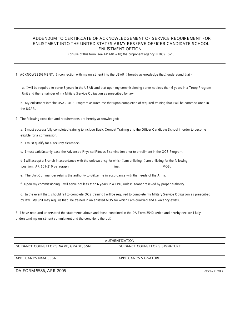 DA Form 5586 Addendum to Certificate of Acknowledgement of Service Requirement for Enlistment Into the United States Reserve Officer Candidate School Enlistment Option, Page 1