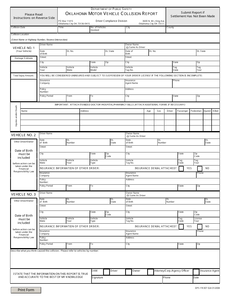 Form DPS FR307 024 Oklahoma Motor Vehicle Collision Report - Oklahoma, Page 1