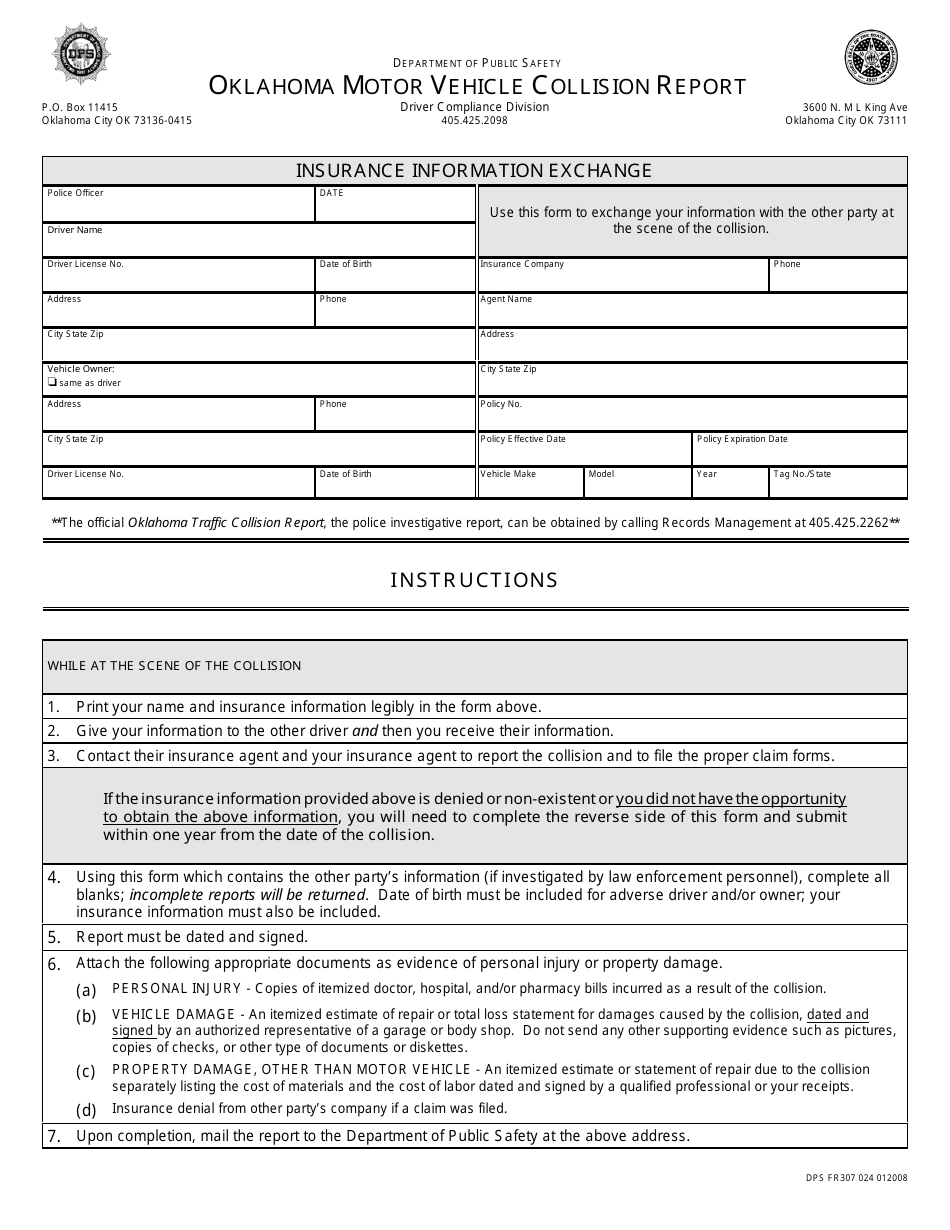 Form DPS FR307 024 Oklahoma Motor Vehicle Collision Report - Oklahoma, Page 2
