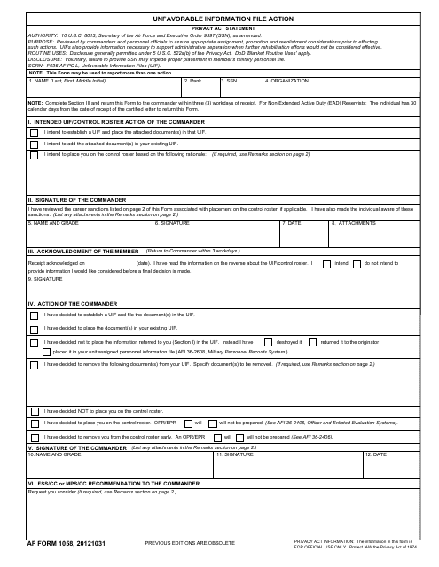 AF Form 1058  Printable Pdf