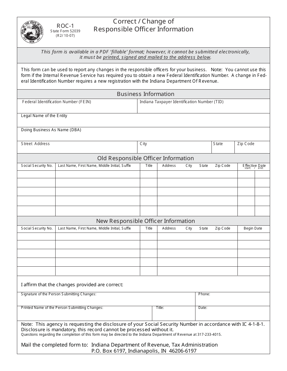 Form ROC-1 (State Form 52039) Correct / Change of Responsible Officer Information - Indiana, Page 1