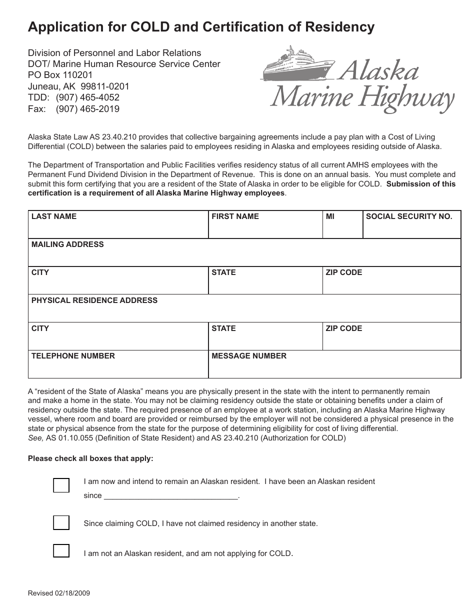 Alaska Application for Cold and Certification of Residency Fill Out