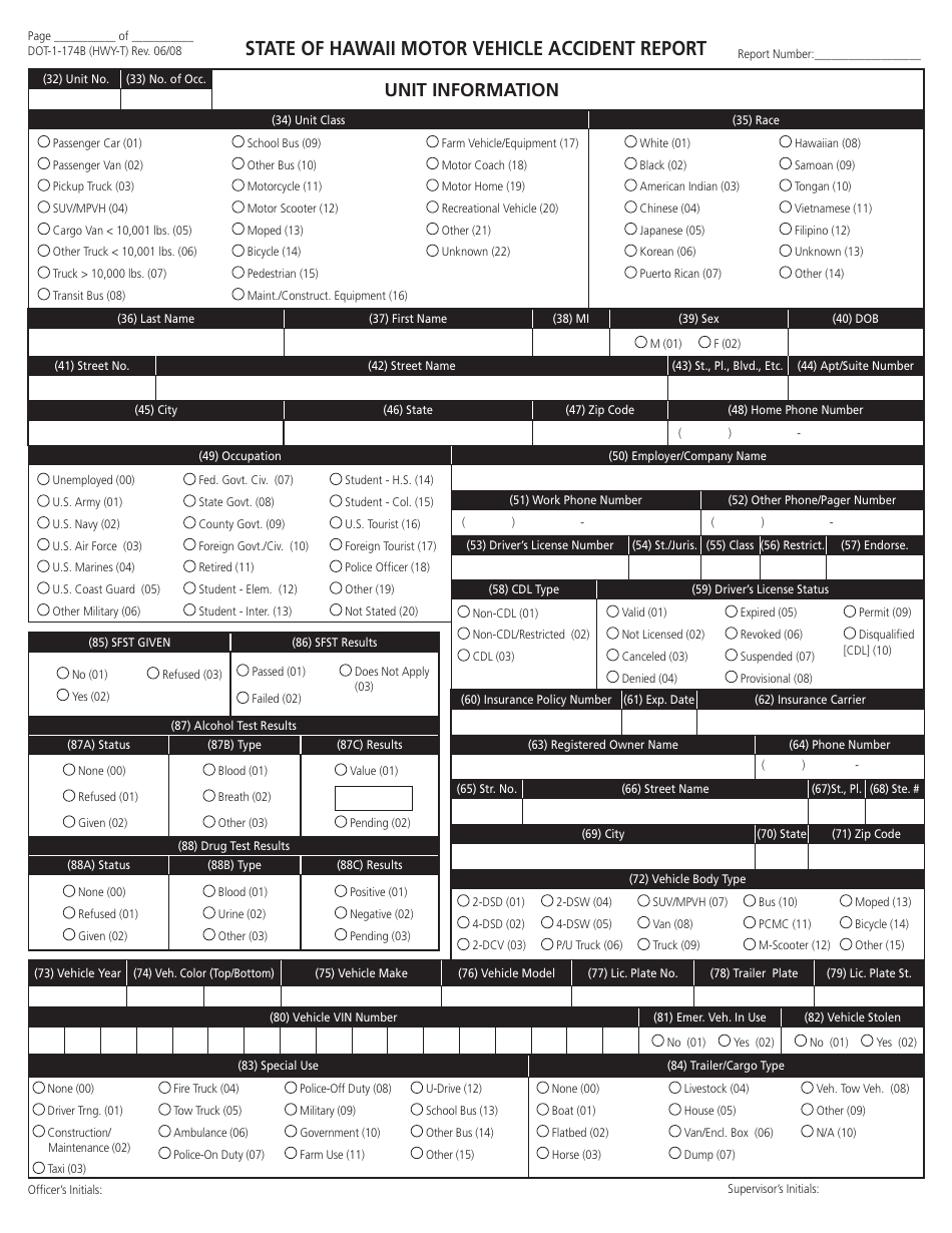 Form DOT-1-174 Motor Vehicle Accident Report - Hawaii, Page 2