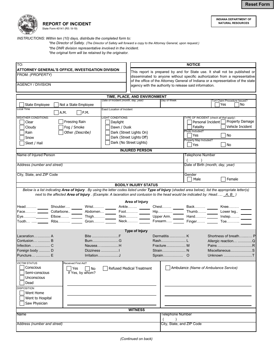 State Form 40141 Report of Incident - Indiana, Page 1