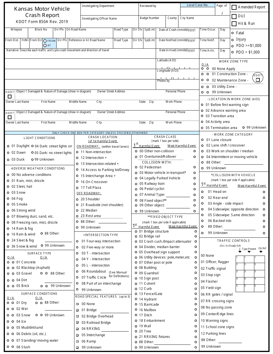 DOT Form 850 Motor Vehicle Crash Report - Kansas, Page 1