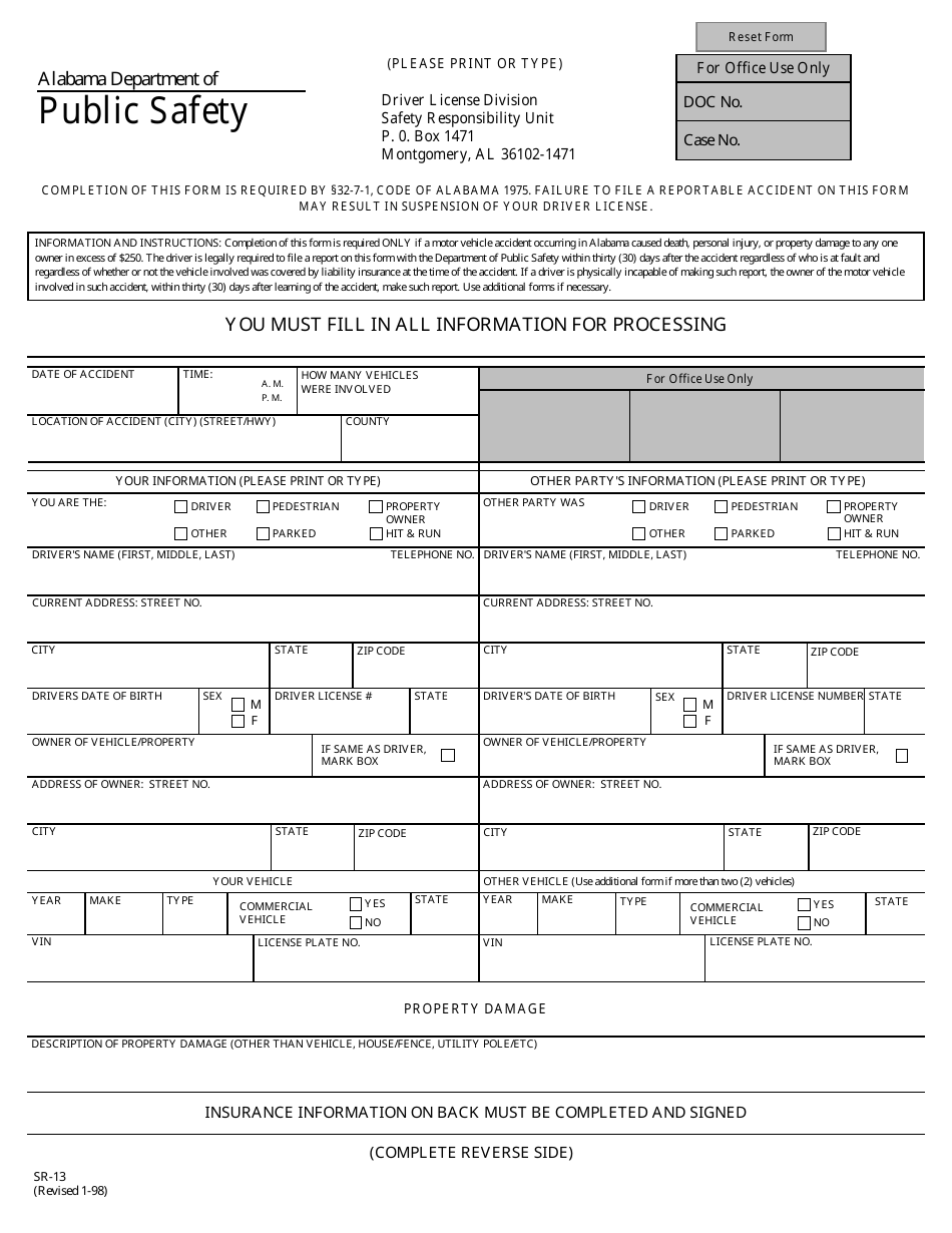 Form SR-13 Accident Report Form - Alabama, Page 1