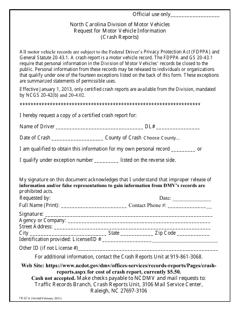 Form TR-67A Request for Motor Vehicle Information (Crash Reports) - North Carolina