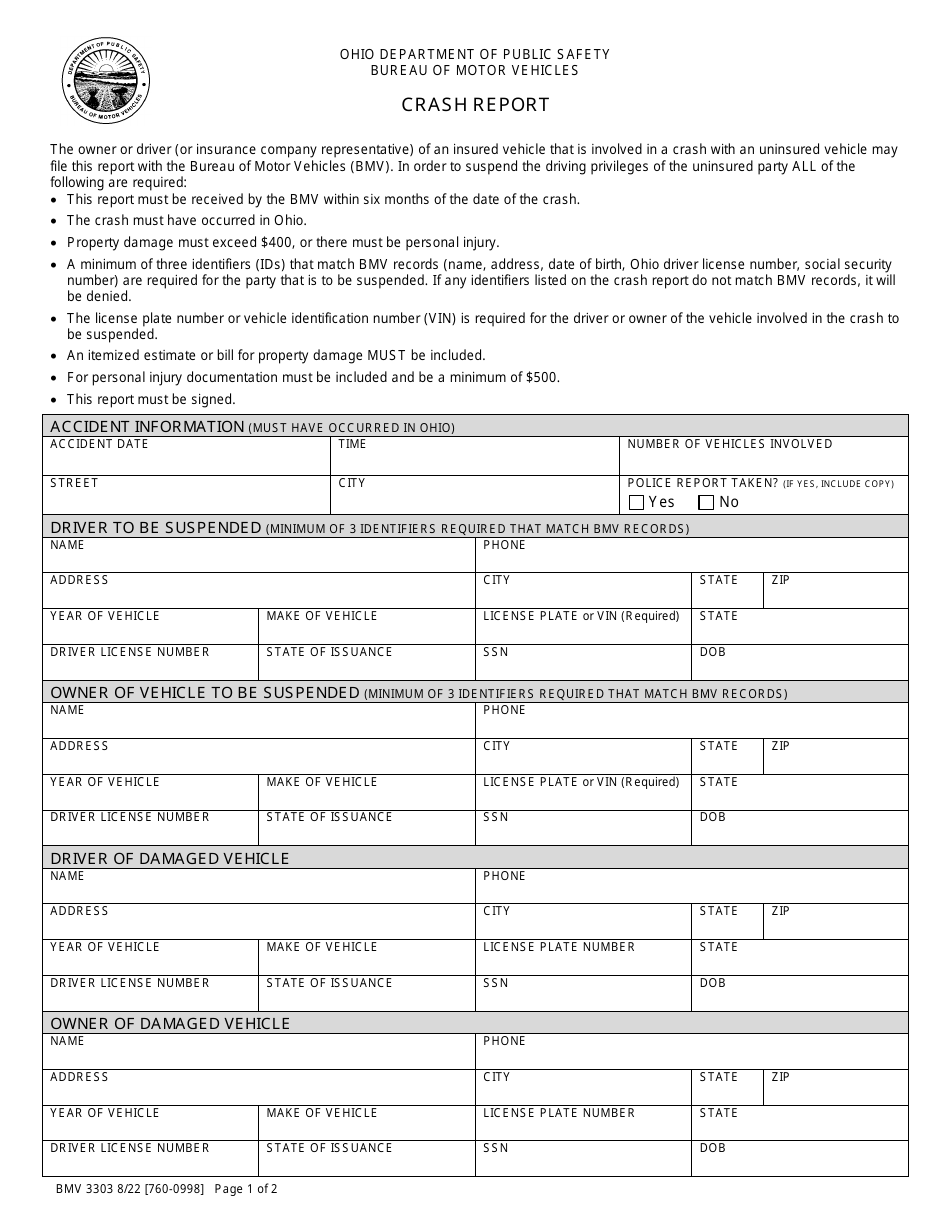 Form BMV3303 Crash Report - Ohio, Page 1