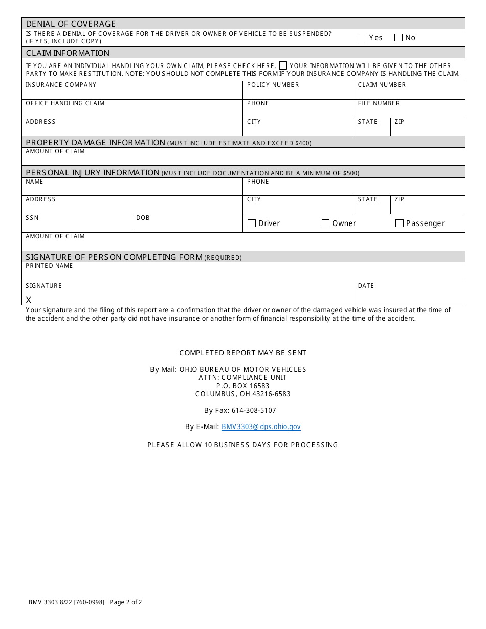 Form BMV3303 Crash Report - Ohio, Page 2