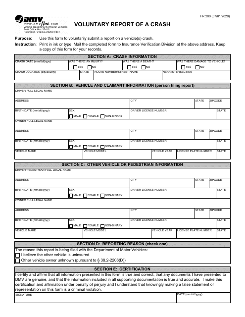Form FR200 Voluntary Report of a Crash - Virginia