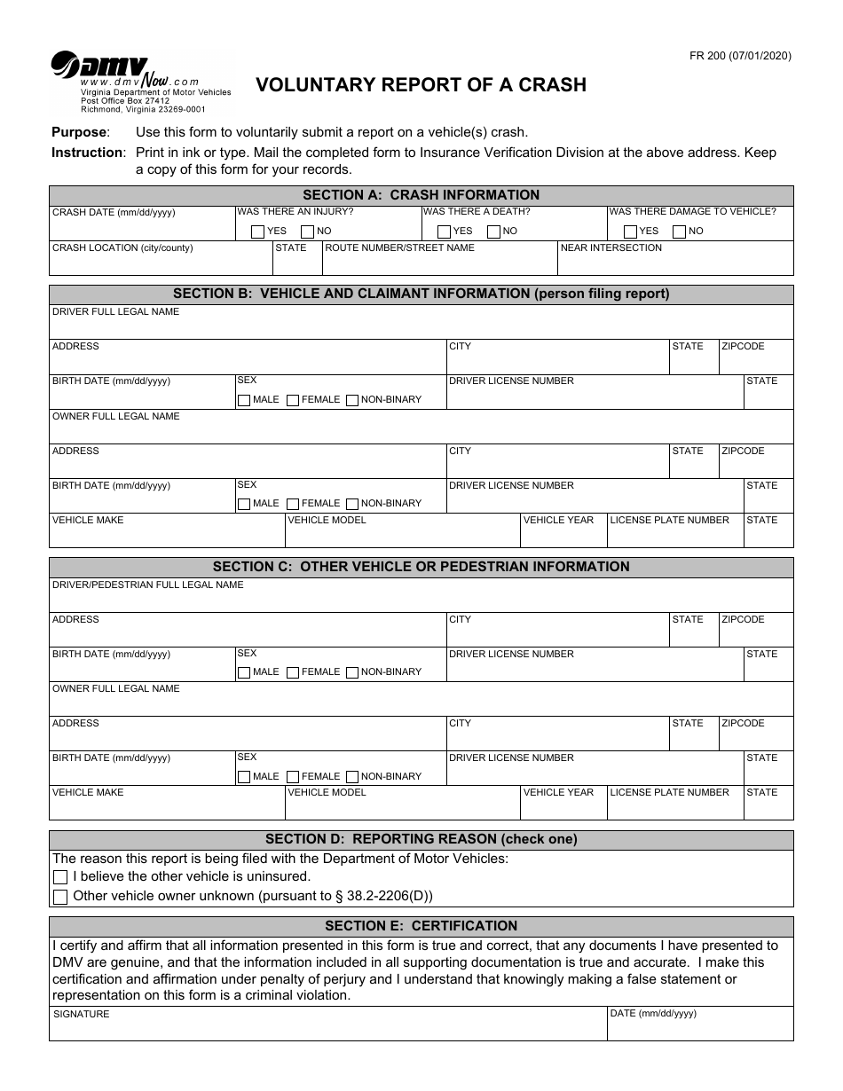 Form FR200 Voluntary Report of a Crash - Virginia, Page 1