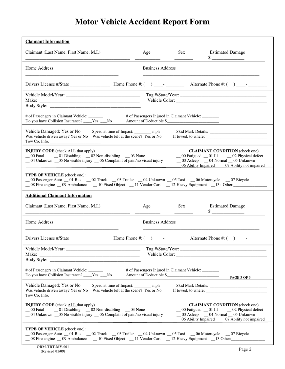 Form ORM-TRT-MV-001 Motor Vehicle Accident Report Form - Washington, D.C., Page 2