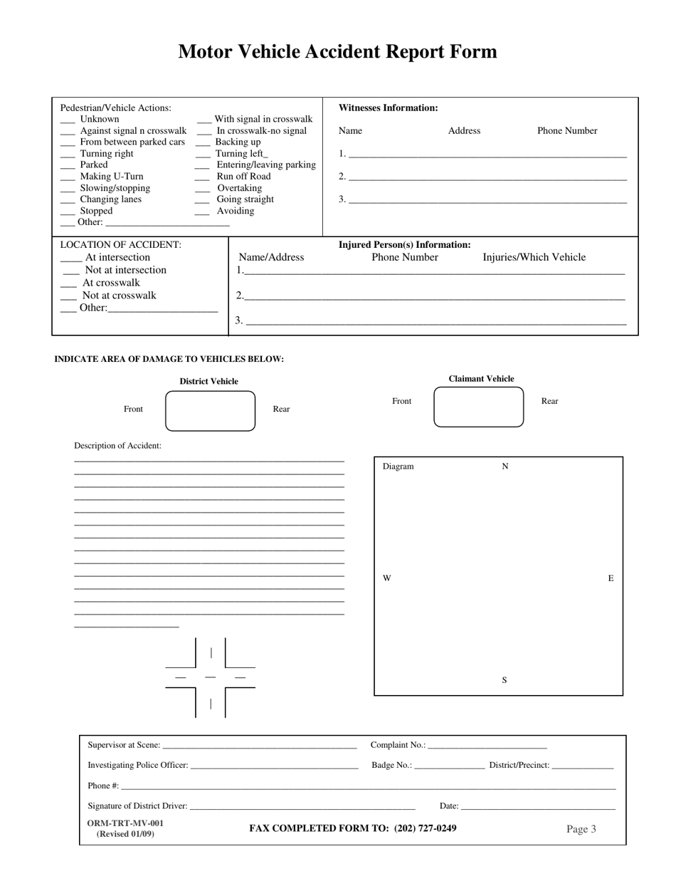 Form ORM-TRT-MV-001 Motor Vehicle Accident Report Form - Washington, D.C., Page 3