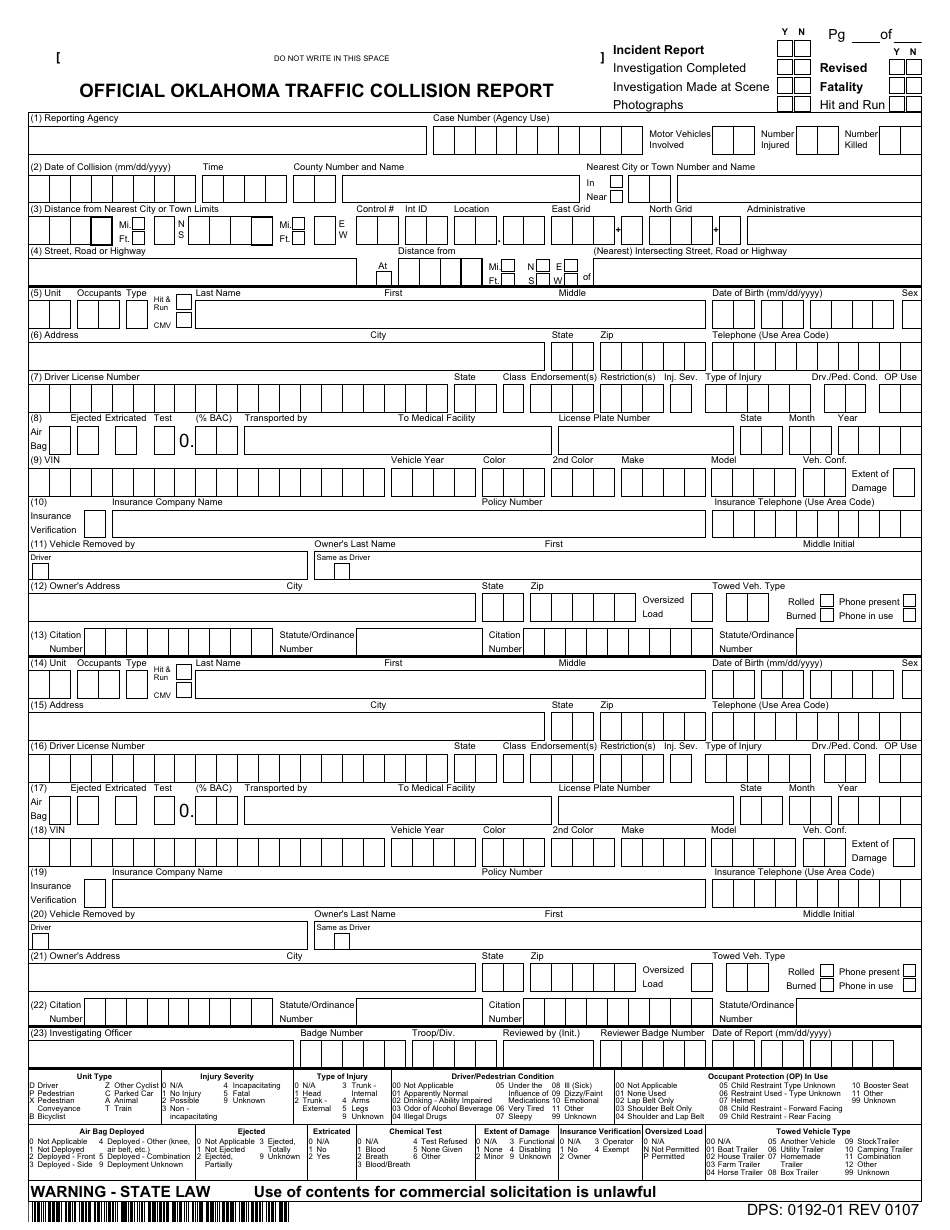 Form DPS:0192-01 Official Oklahoma Traffic Collision Report - Oklahoma, Page 1