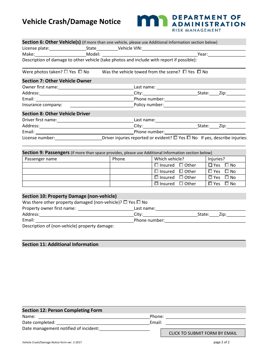 Vehicle Crash / Damage Notice Form - Minnesota, Page 2