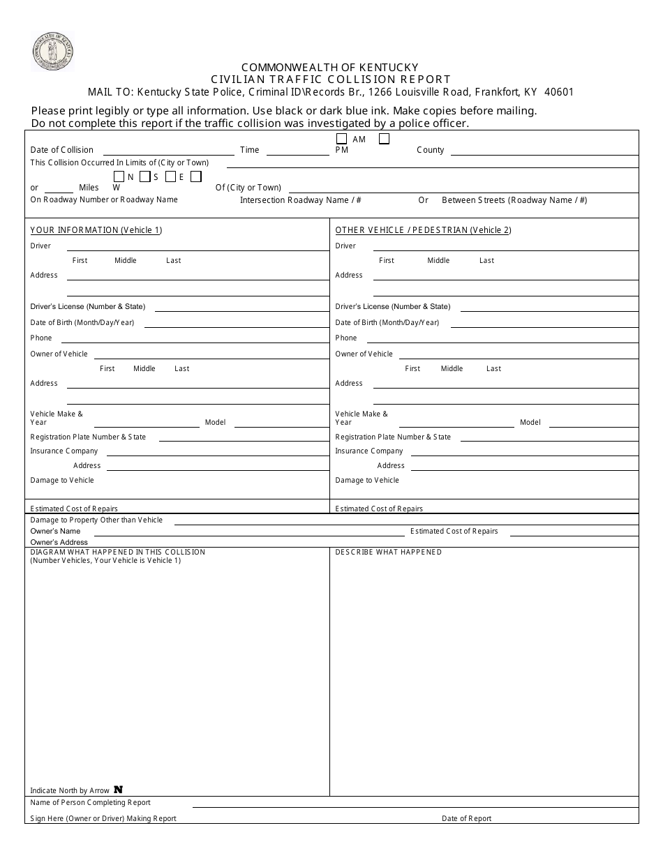 Form KSP-232 Civilian Traffic Collision Report - Kentucky, Page 1