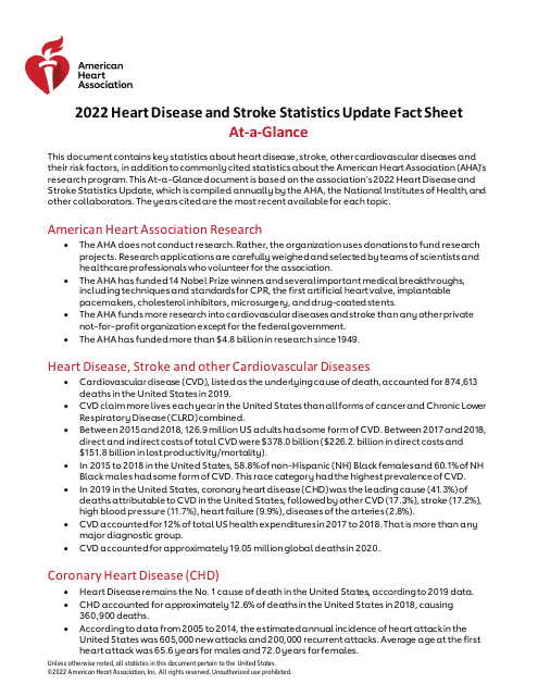 Heart Disease and Stroke Statistics Update Fact Sheet - at-A-glance, 2022