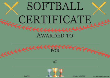 Document preview: Softball Certificate Template - Green