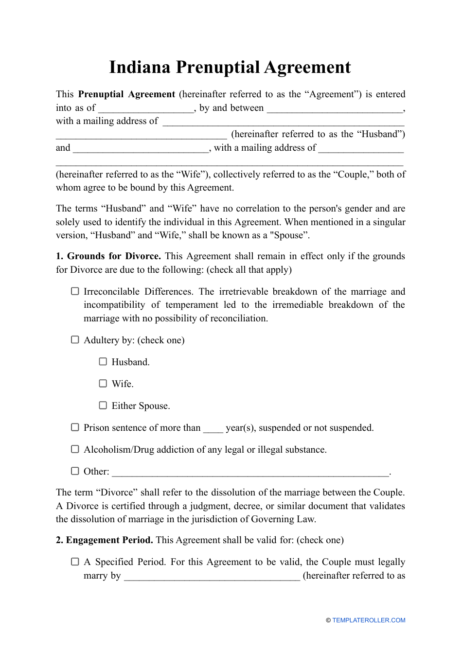 Prenuptial Agreement Template - Indiana, Page 1